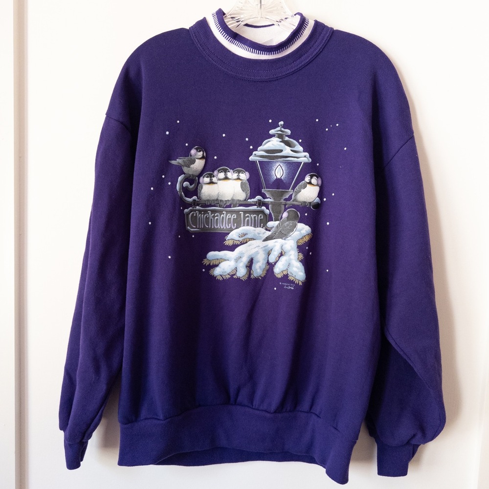 Vintage Christmas Chickadee Sweatshirt L Purple‎ Birds Snow Winter 90s Granny